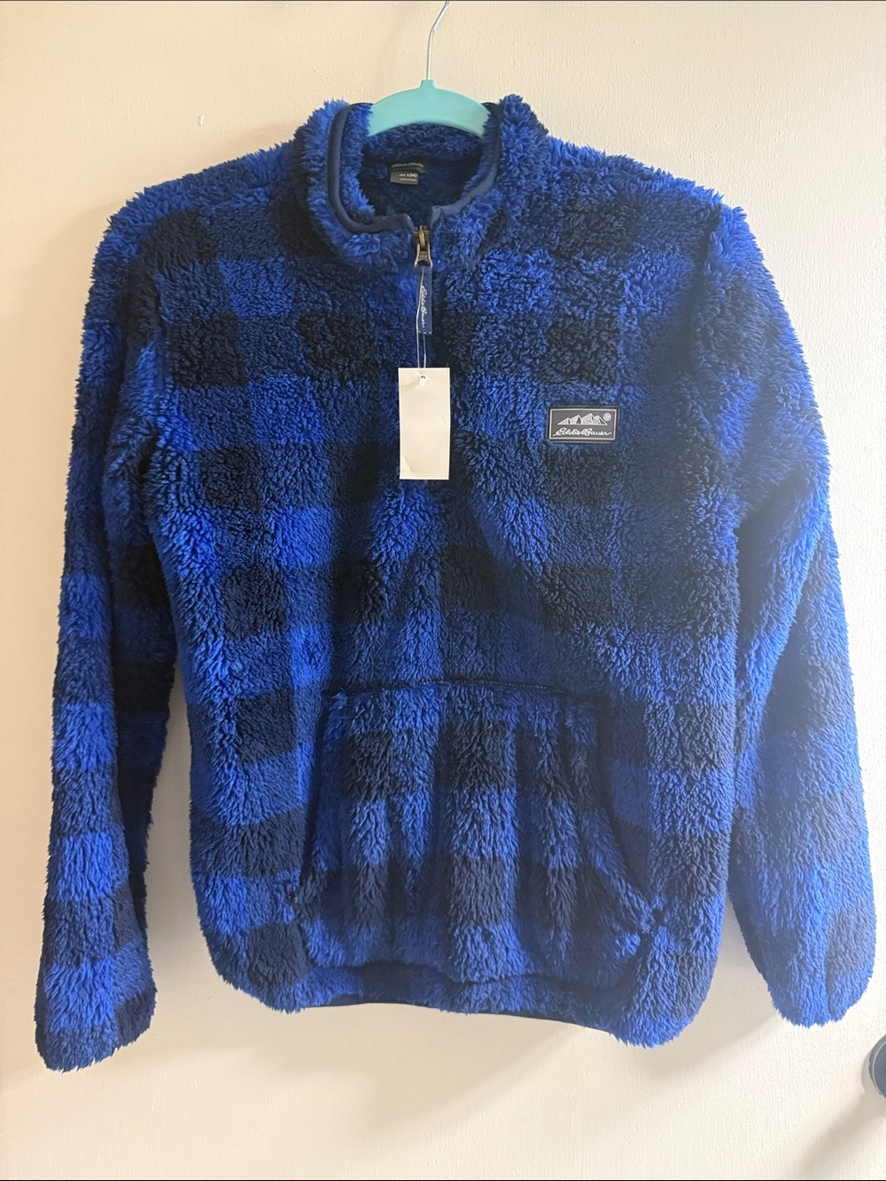 Eddie Bauer Blue and Black Buffalo Check Plush Half-Zip Jacket